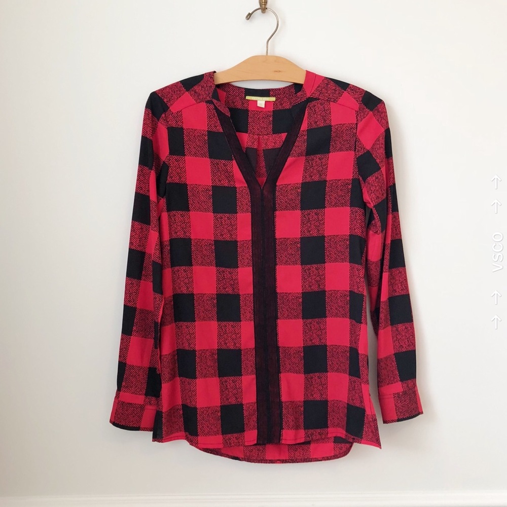 Gianni Bini Buffalo Check Plaid Red & Black Blouse